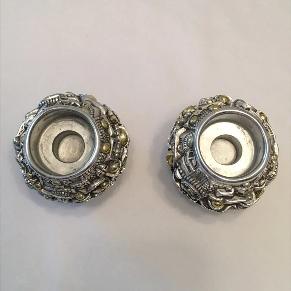 Pair Of Jerusalem Silver & Gold Plated Candle Holders With Intricate City Design